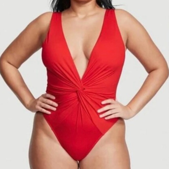 Victoria’s Secret Red One Piece Ribbed Swimsuit Size Medium Twist Plunge Padded - Picture 9 of 11